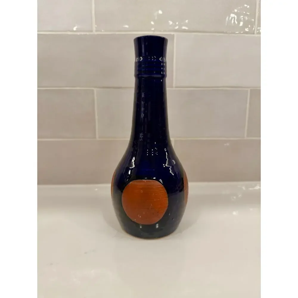 Cobalt Blue Vase with‎ Terra Cotta Colored Circles Made in Japan